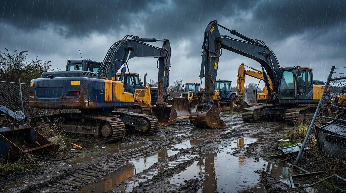 Várias escavadeiras e tratores estacionados em um terreno aberto com lama e poças d'água sob chuva intensa. A imagem ilustra os riscos da armazenagem de maquinário pesado em locais inadequados, onde a exposição severa ao clima e à umidade pode causar corrosão e danos aos componentes hidráulicos e mecânicos das máquinas.