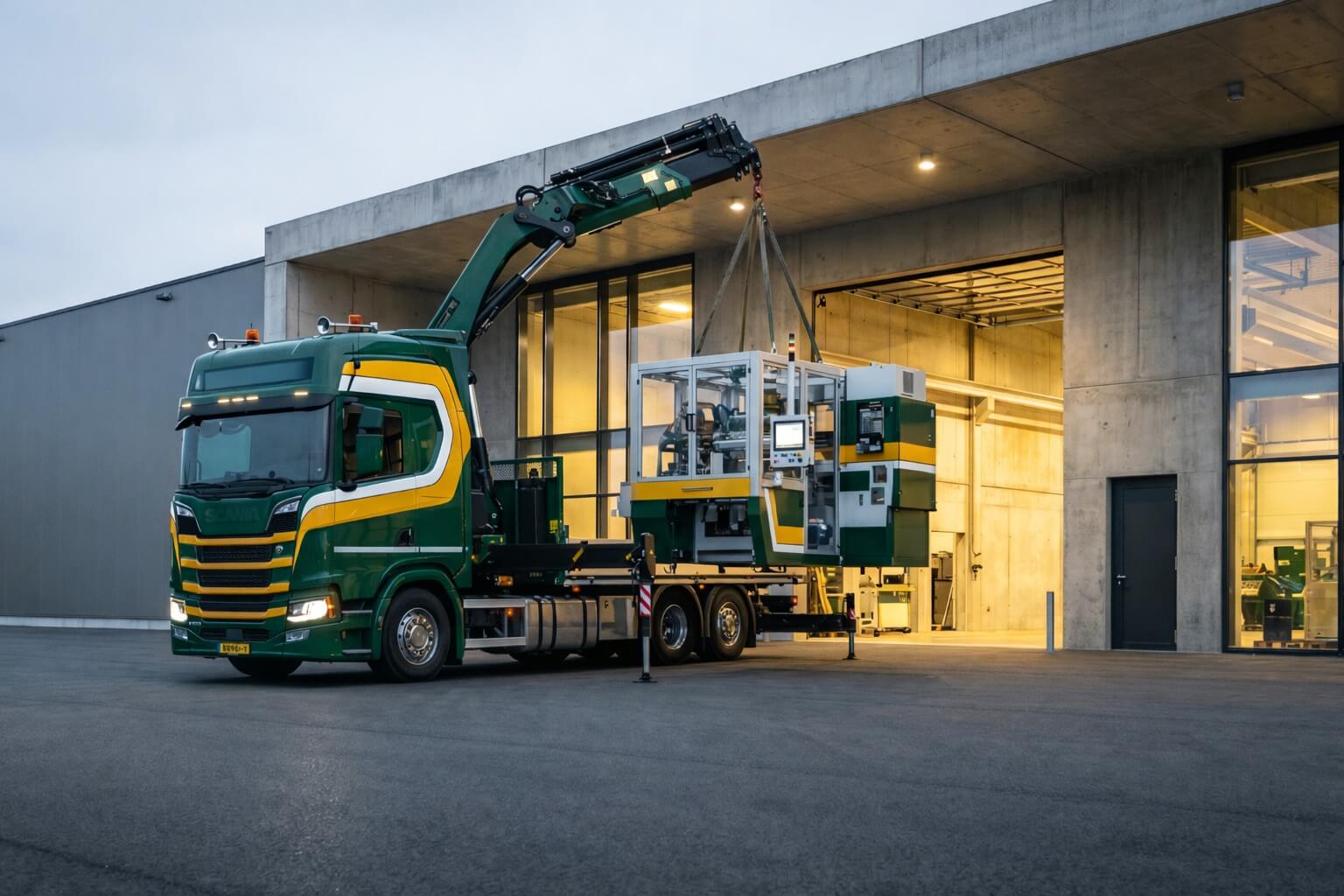 Um caminhão munck verde e amarelo realizando a movimentação de uma grande carga industrial em frente a um galpão logístico moderno. O guindaste articulado do caminhão suspende uma máquina pesada, ilustrando um processo de armazenagem com caminhão munck, enquanto a iluminação interna do depósito sugere uma operação de precisão.
